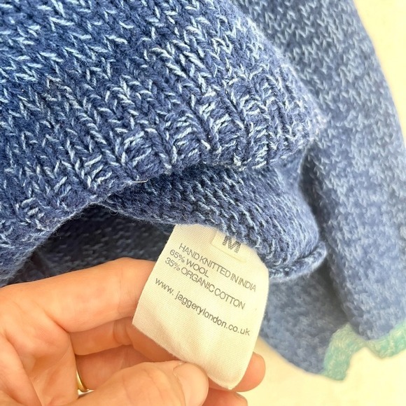Jaggery London Corto Jumper Organic Cotton & Wool Blend Blue Handmade Knit‎ Sz M - Picture 4 of 7